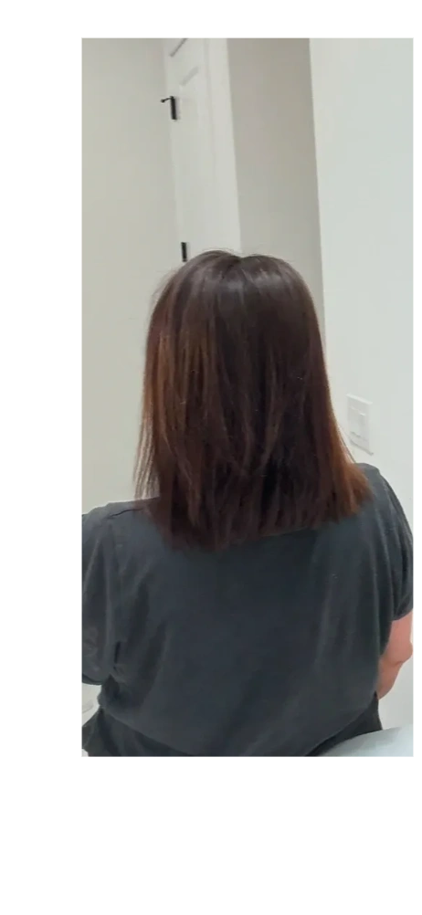 Before extensions — back view, dark brown shoulder-length hair